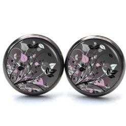 Druckknopf Ohrstecker Ohrhänger Clipse romantische Blumenwiese in grau u rosa Druckknopf Ohrstecker Ohrhänger Clipse romantische Blumenwiese in grau u rosa