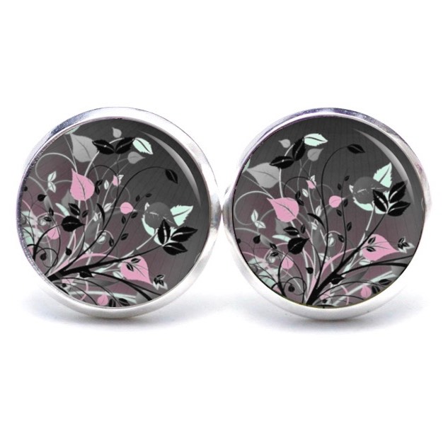 Druckknopf Ohrstecker Ohrhänger Clipse romantische Blumenwiese in grau u rosa Druckknopf Ohrstecker Ohrhänger Clipse romantische Blumenwiese in grau u rosa