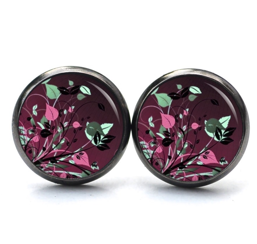Druckknopf Ohrstecker Ohrhänger Clipse Blumenwiese in Rosarot, Rosa und Grün Druckknopf Ohrstecker Ohrhänger Clipse Blumenwiese in Rosarot, Rosa und Grün