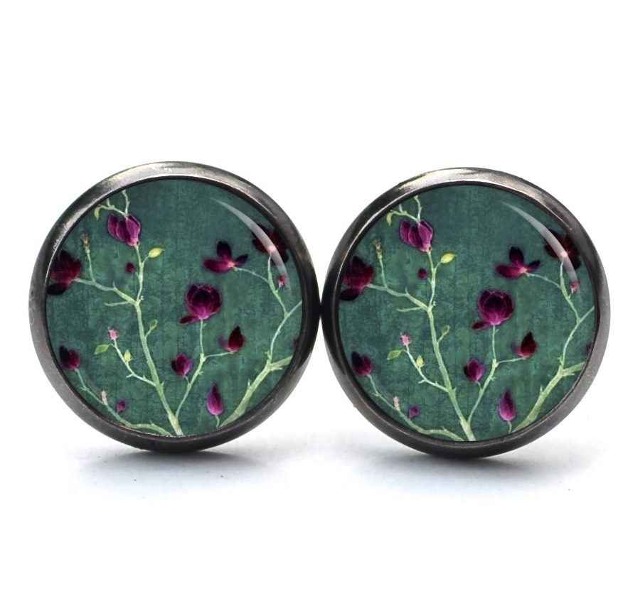 Ohrstecker, Ohrhänger, Clipse & Druckknopf – Motiv Kirschblüten in grün und Rosarot – Schmuck aus Edelstahl Ohrstecker, Ohrhänger, Clipse & Druckknopf – Motiv Kirschblüten in grün und Rosarot – Schmuck aus Edelstahl