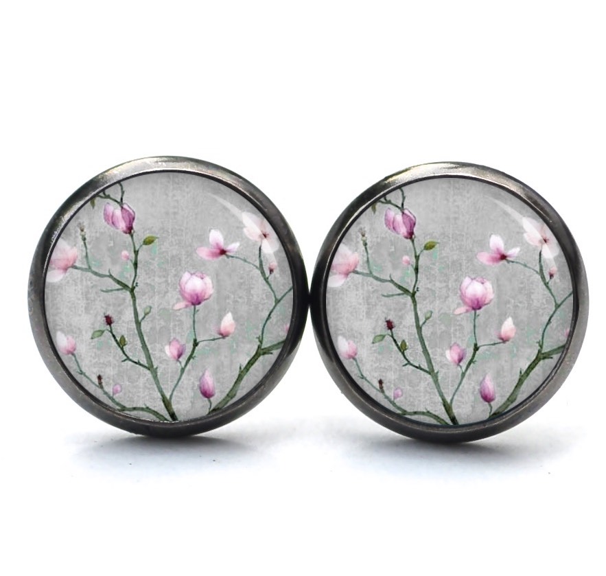 Druckknopf Ohrstecker Ohrhänger Clipse Kirschblüten in grau und rosa Druckknopf Ohrstecker Ohrhänger Clipse Kirschblüten in grau und rosa