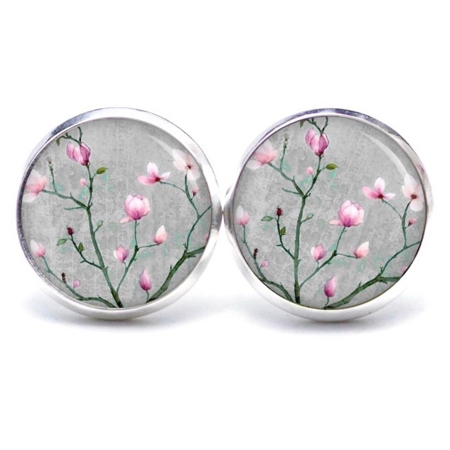 Druckknopf Ohrstecker Ohrhänger Clipse Kirschblüten in grau und rosa Druckknopf Ohrstecker Ohrhänger Clipse Kirschblüten in grau und rosa