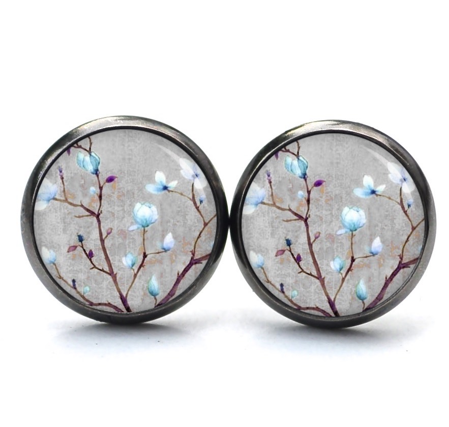 Druckknopf Ohrstecker Ohrhänger Clipse Kirschblüten in grau und hellblau Druckknopf Ohrstecker Ohrhänger Clipse Kirschblüten in grau und hellblau