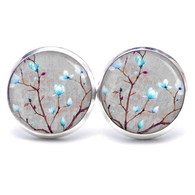 Druckknopf Ohrstecker Ohrhänger Clipse Kirschblüten in grau und hellblau Druckknopf Ohrstecker Ohrhänger Clipse Kirschblüten in grau und hellblau