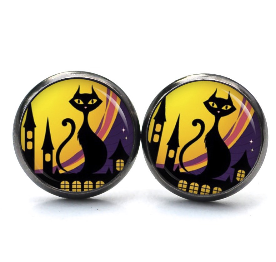 Druckknopf Ohrstecker Ohrhänger Clipse Halloween Katze in der Stadt Druckknopf Ohrstecker Ohrhänger Clipse Halloween Katze in der Stadt