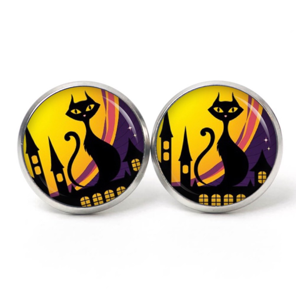 Druckknopf Ohrstecker Ohrhänger Clipse Halloween Katze in der Stadt Druckknopf Ohrstecker Ohrhänger Clipse Halloween Katze in der Stadt