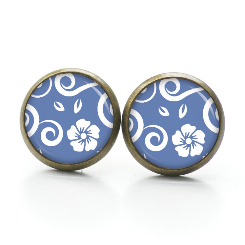 Ohrstecker, Ohrhänger, Clipse & Druckknopf – Motiv Blau weiße Blumenranken – Schmuck aus Edelstahl Ohrstecker, Ohrhänger, Clipse & Druckknopf – Motiv Blau weiße Blumenranken – Schmuck aus Edelstahl