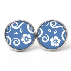 Ohrstecker, Ohrhänger, Clipse & Druckknopf – Motiv blau weiße Blumenranken – Schmuck aus Edelstahl
