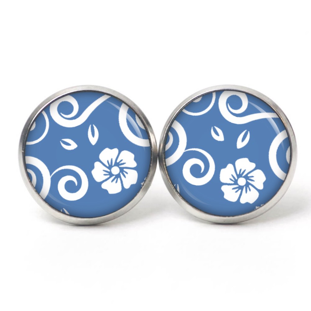 Ohrstecker, Ohrhänger, Clipse & Druckknopf – Motiv Blau weiße Blumenranken – Schmuck aus Edelstahl Ohrstecker, Ohrhänger, Clipse & Druckknopf – Motiv Blau weiße Blumenranken – Schmuck aus Edelstahl