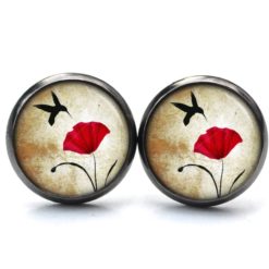 Druckknopf Ohrstecker Ohrhänger Clipse rote Mohnblume mit Vogel Druckknopf Ohrstecker Ohrhänger Clipse rote Mohnblume mit Vogel