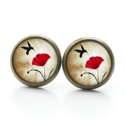 Druckknopf Ohrstecker Ohrhänger Clipse rote Mohnblume mit Vogel Druckknopf Ohrstecker Ohrhänger Clipse rote Mohnblume mit Vogel