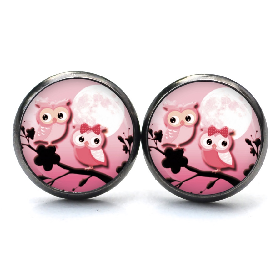 Druckknopf Ohrstecker Ohrhänger Clipse verliebte Eulen in rosa Druckknopf Ohrstecker Ohrhänger Clipse verliebte Eulen in rosa
