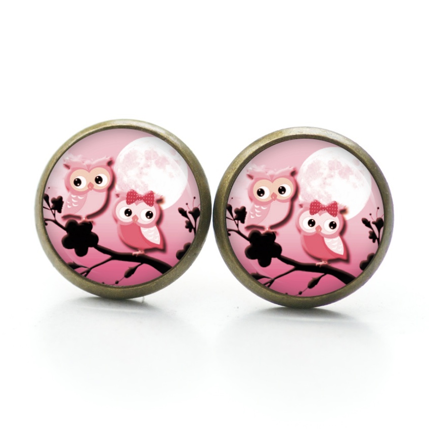 Druckknopf Ohrstecker Ohrhänger Clipse verliebte Eulen in rosa Druckknopf Ohrstecker Ohrhänger Clipse verliebte Eulen in rosa