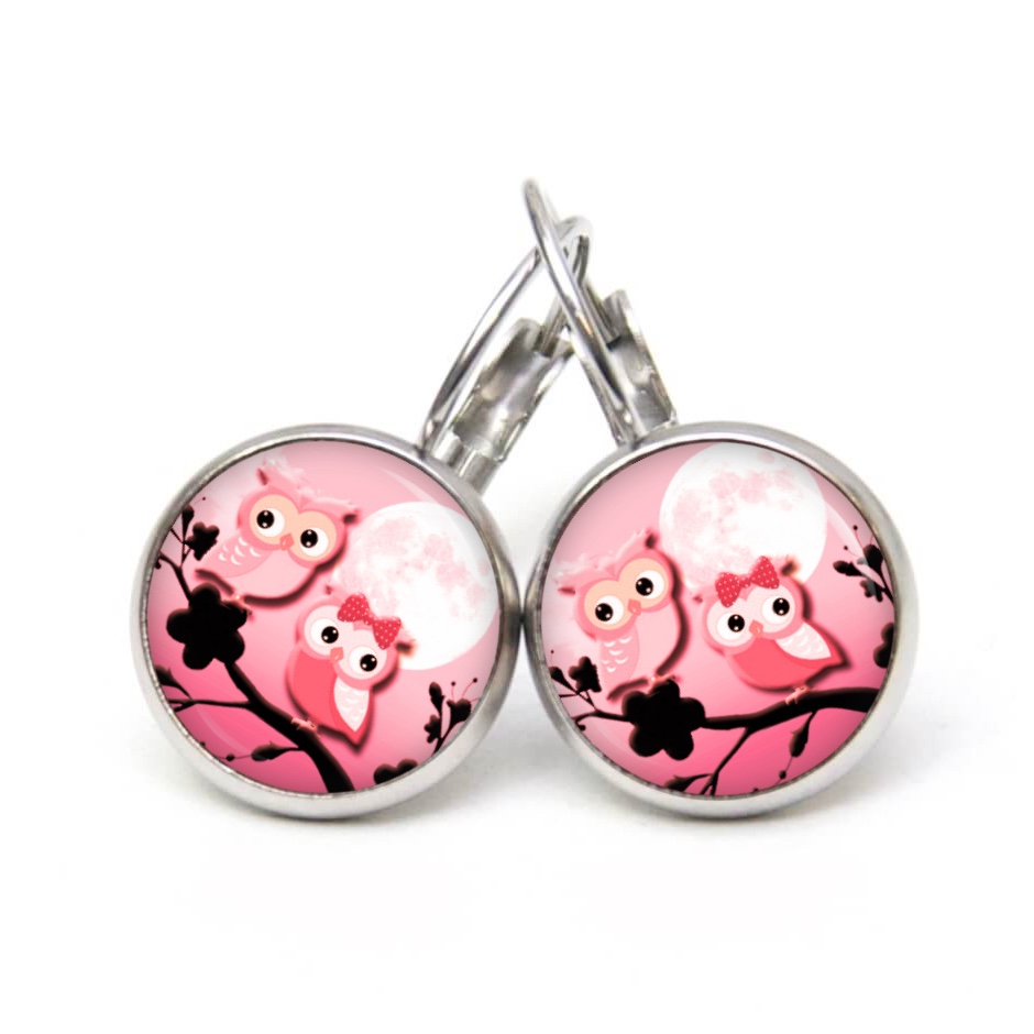 Druckknopf Ohrstecker Ohrhänger Clipse verliebte Eulen in rosa Druckknopf Ohrstecker Ohrhänger Clipse verliebte Eulen in rosa
