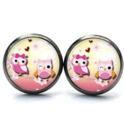 Druckknopf Ohrstecker Ohrhänger Clipse verliebte Eulen Eule rosa gelb Druckknopf Ohrstecker Ohrhänger Clipse verliebte Eulen Eule rosa gelb