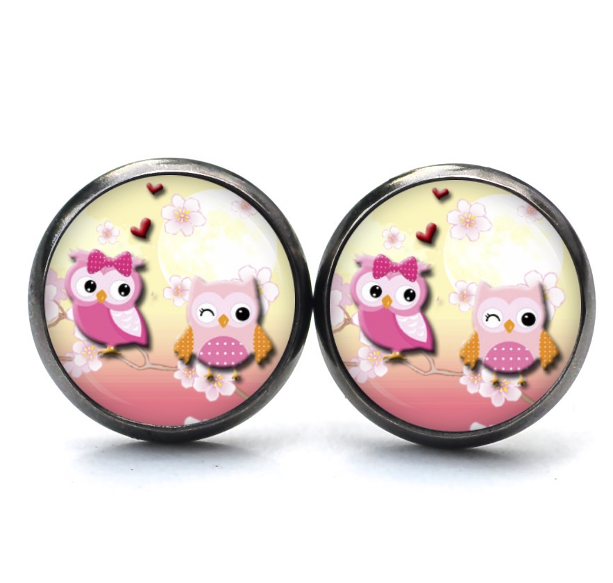 Druckknopf Ohrstecker Ohrhänger Clipse verliebte Eulen Eule rosa gelb Druckknopf Ohrstecker Ohrhänger Clipse verliebte Eulen Eule rosa gelb