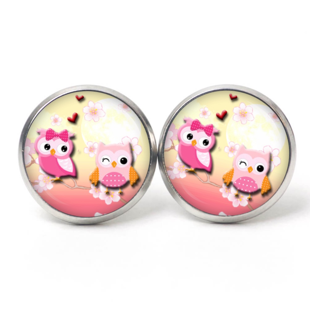 Druckknopf Ohrstecker Ohrhänger Clipse verliebte Eulen Eule rosa gelb Druckknopf Ohrstecker Ohrhänger Clipse verliebte Eulen Eule rosa gelb