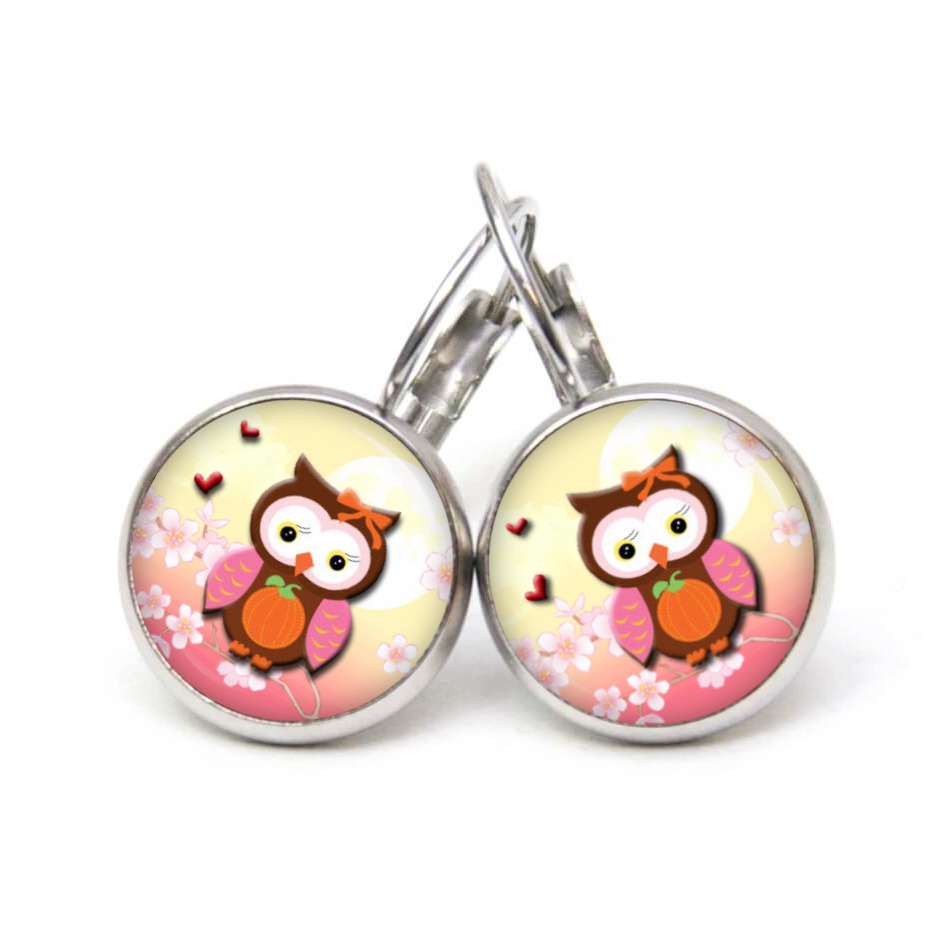 Druckknopf Ohrstecker Ohrhänger Clipse Eulen Dame mit einem Kürbis rosa orange Druckknopf Ohrstecker Ohrhänger Clipse Eulen Dame mit einem Kürbis rosa orange