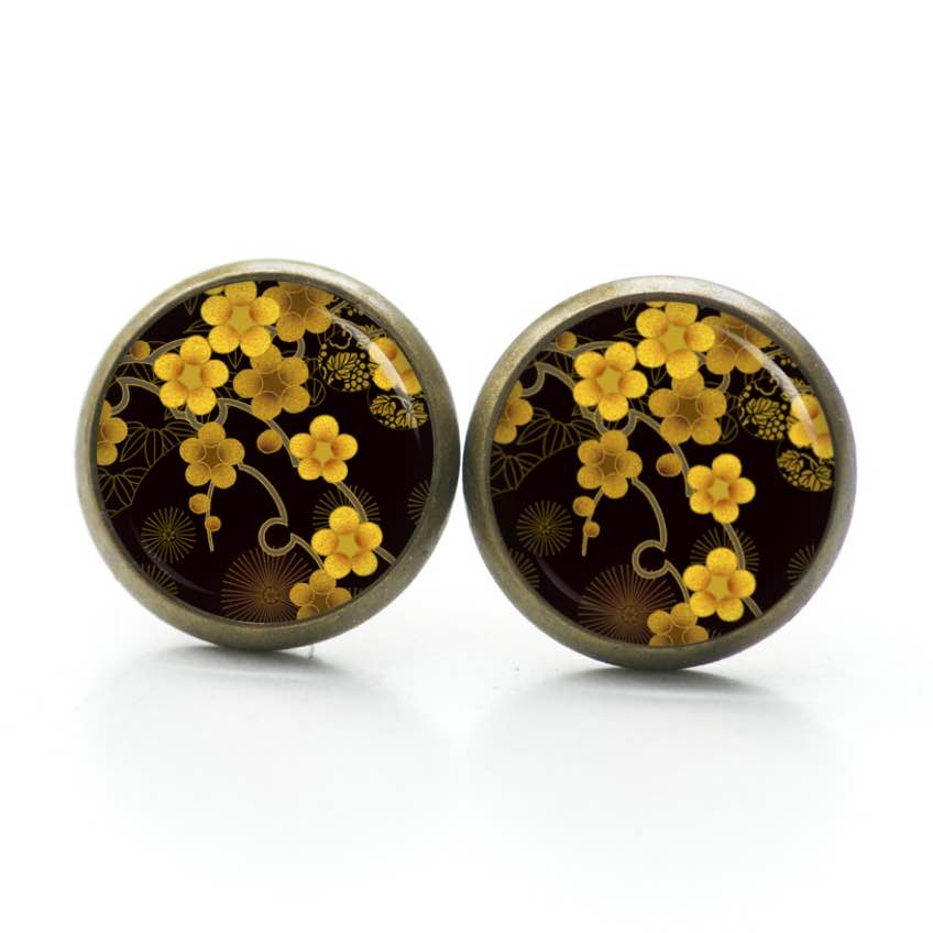 Druckknopf Ohrstecker Ohrhänger Clipse gelbe Blumen Druckknopf Ohrstecker Ohrhänger Clipse gelbe Blumen