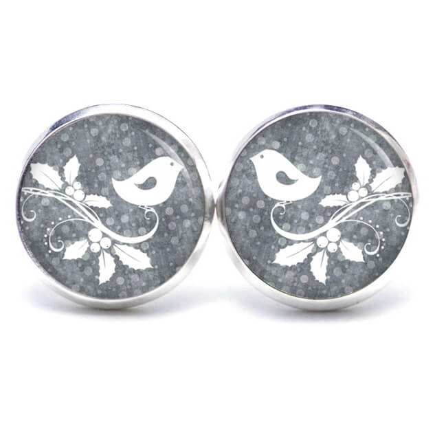 Druckknopf Ohrstecker Ohrhänger Clipse Mistelzweig mit kleinem Vogel in grau Druckknopf Ohrstecker Ohrhänger Clipse Mistelzweig mit kleinem Vogel in grau