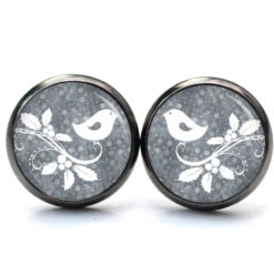Druckknopf Ohrstecker Ohrhänger Clipse Mistelzweig mit kleinem Vogel in grau Druckknopf Ohrstecker Ohrhänger Clipse Mistelzweig mit kleinem Vogel in grau
