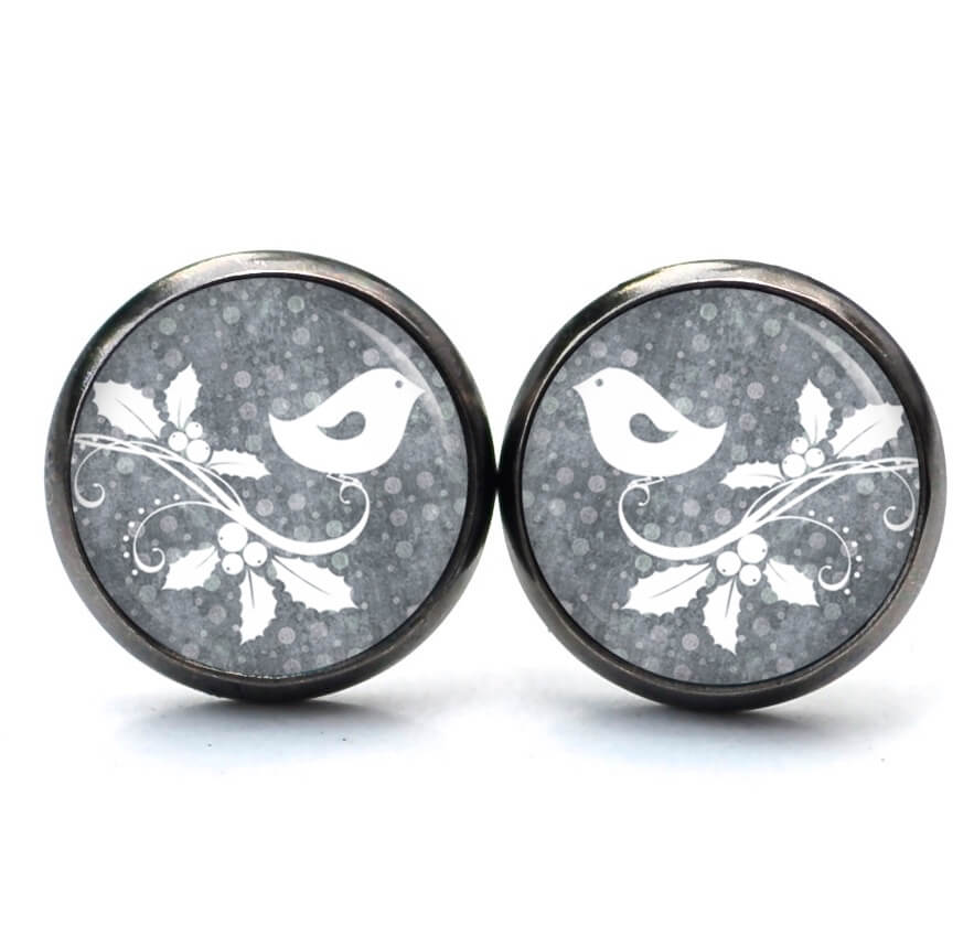 Druckknopf Ohrstecker Ohrhänger Clipse Mistelzweig mit kleinem Vogel in grau Druckknopf Ohrstecker Ohrhänger Clipse Mistelzweig mit kleinem Vogel in grau