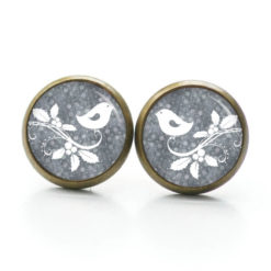 Druckknopf Ohrstecker Ohrhänger Clipse Mistelzweig mit kleinem Vogel in grau Druckknopf Ohrstecker Ohrhänger Clipse Mistelzweig mit kleinem Vogel in grau