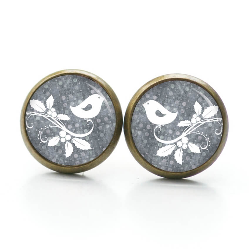 Druckknopf Ohrstecker Ohrhänger Clipse Mistelzweig mit kleinem Vogel in grau Druckknopf Ohrstecker Ohrhänger Clipse Mistelzweig mit kleinem Vogel in grau