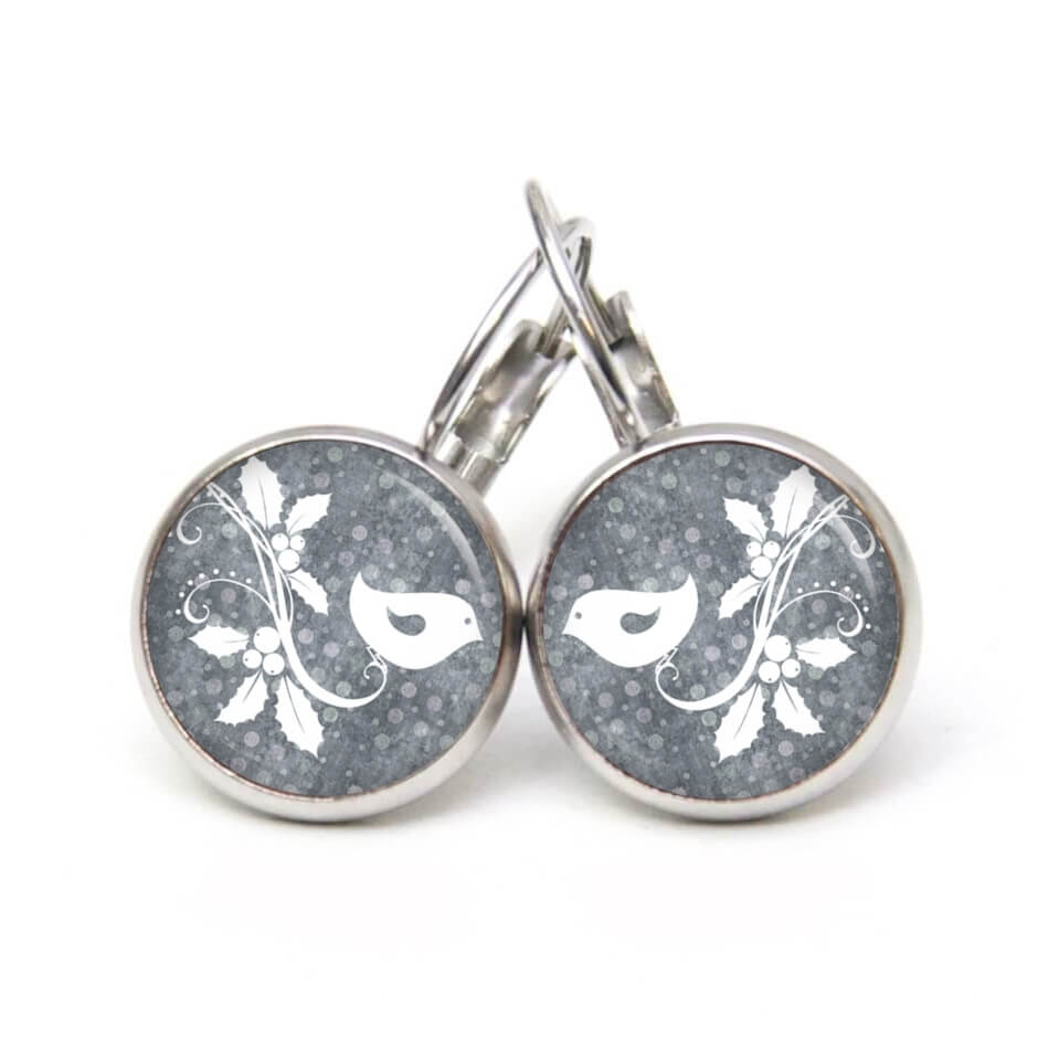 Druckknopf Ohrstecker Ohrhänger Clipse Mistelzweig mit kleinem Vogel in grau Druckknopf Ohrstecker Ohrhänger Clipse Mistelzweig mit kleinem Vogel in grau