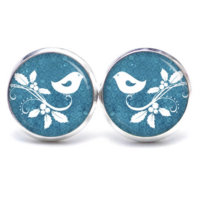 Druckknopf Ohrstecker Ohrhänger Clipse Mistelzweig mit kleinem Vogel in blau Druckknopf Ohrstecker Ohrhänger Clipse Mistelzweig mit kleinem Vogel in blau