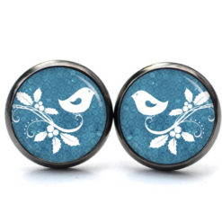 Druckknopf Ohrstecker Ohrhänger Clipse Mistelzweig mit kleinem Vogel in blau Druckknopf Ohrstecker Ohrhänger Clipse Mistelzweig mit kleinem Vogel in blau