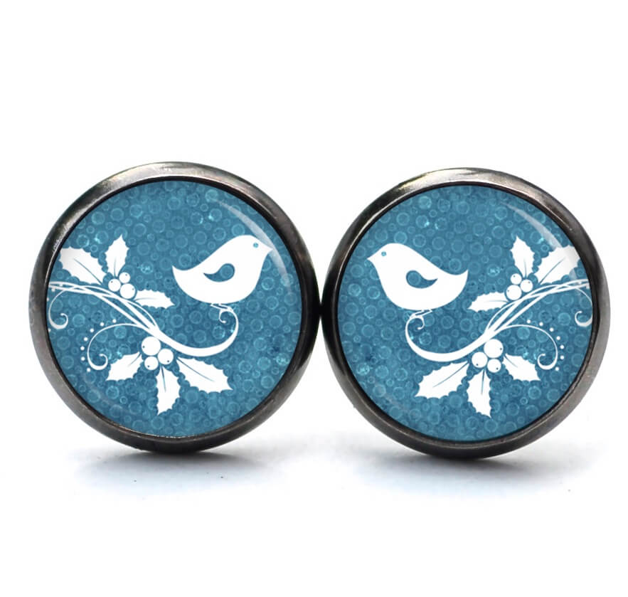 Druckknopf Ohrstecker Ohrhänger Clipse Mistelzweig mit kleinem Vogel in blau Druckknopf Ohrstecker Ohrhänger Clipse Mistelzweig mit kleinem Vogel in blau