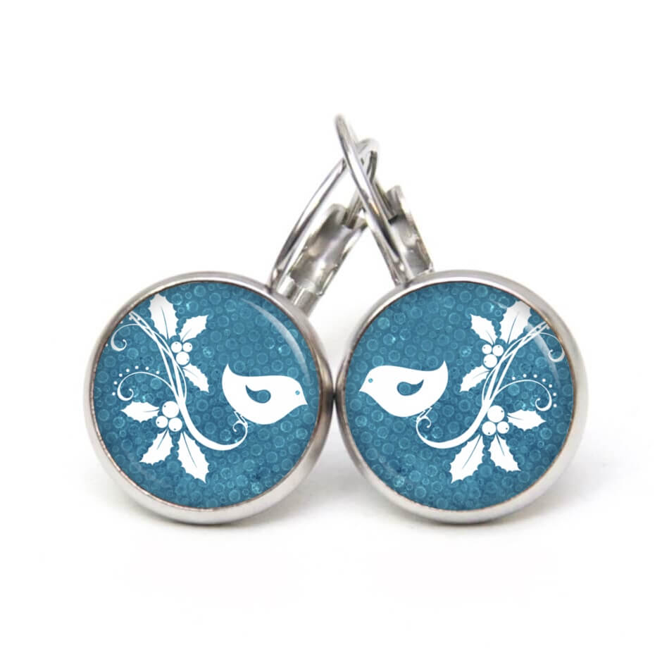 Druckknopf Ohrstecker Ohrhänger Clipse Mistelzweig mit kleinem Vogel in blau Druckknopf Ohrstecker Ohrhänger Clipse Mistelzweig mit kleinem Vogel in blau