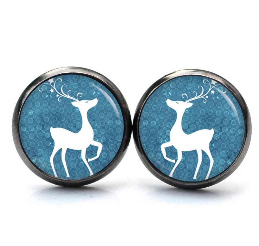 Druckknopf Ohrstecker Ohrhänger Clipse Weihnachts Elch Reindeer in Blau Druckknopf Ohrstecker Ohrhänger Clipse Weihnachts Elch Reindeer in Blau