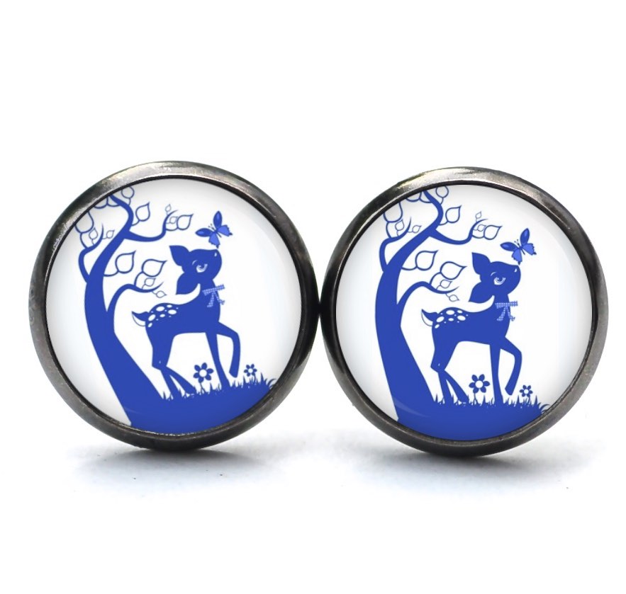 Druckknopf Ohrstecker Ohrhänger Clipse Rehkitz Reh Blau/Weiß Druckknopf Ohrstecker Ohrhänger Clipse Rehkitz Reh Blau/Weiß