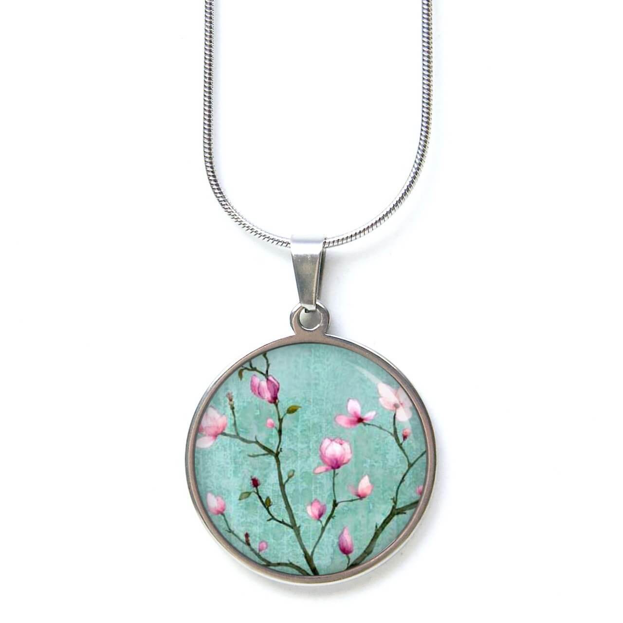 Edelstahl Kette zauberhafte türkis rosa Kirschblüten Edelstahl Kette zauberhafte türkis rosa Kirschblüten