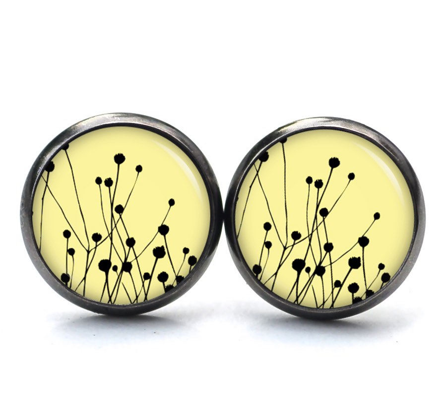 Ohrstecker, Ohrhänger, Clipse & Druckknopf – Motiv abstrakte Blüten Gelb Schwarz – Schmuck aus Edelstahl Ohrstecker, Ohrhänger, Clipse & Druckknopf - Motiv abstrakte Blüten Gelb Schwarz - Schmuck aus Edelstahl