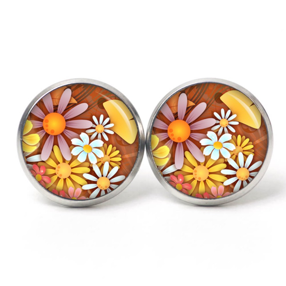 Ohrstecker, Ohrhänger, Clipse & Druckknopf – Motiv Herbst Blumen Gelb Braun – Schmuck aus Edelstahl Ohrstecker, Ohrhänger, Clipse & Druckknopf – Motiv Herbst Blumen Gelb Braun – Schmuck aus Edelstahl