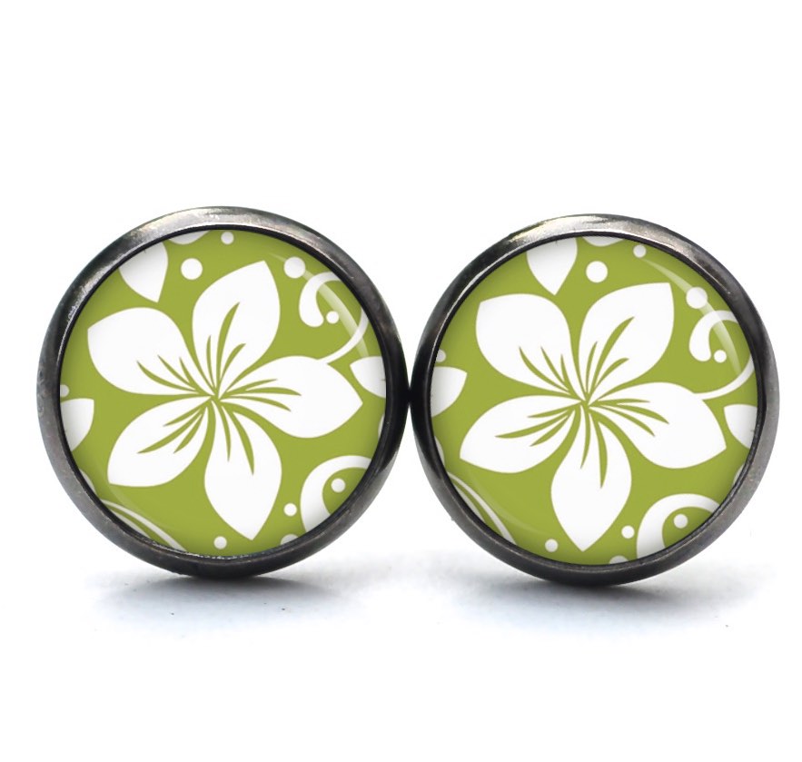 Ohrstecker, Ohrhänger, Clipse & Druckknopf – Motiv Große grün weiße Blume – Schmuck aus Edelstahl Ohrstecker, Ohrhänger, Clipse & Druckknopf – Motiv Große grün weiße Blume – Schmuck aus Edelstahl