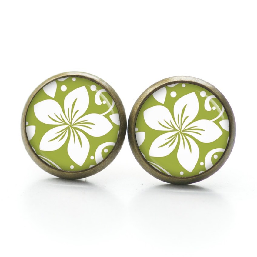 Ohrstecker, Ohrhänger, Clipse & Druckknopf – Motiv Große grün weiße Blume – Schmuck aus Edelstahl Ohrstecker, Ohrhänger, Clipse & Druckknopf – Motiv Große grün weiße Blume – Schmuck aus Edelstahl