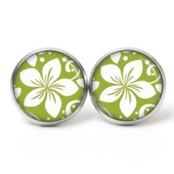 Ohrstecker, Ohrhänger, Clipse & Druckknopf – Motiv große grün weiße Blume – Schmuck aus Edelstahl