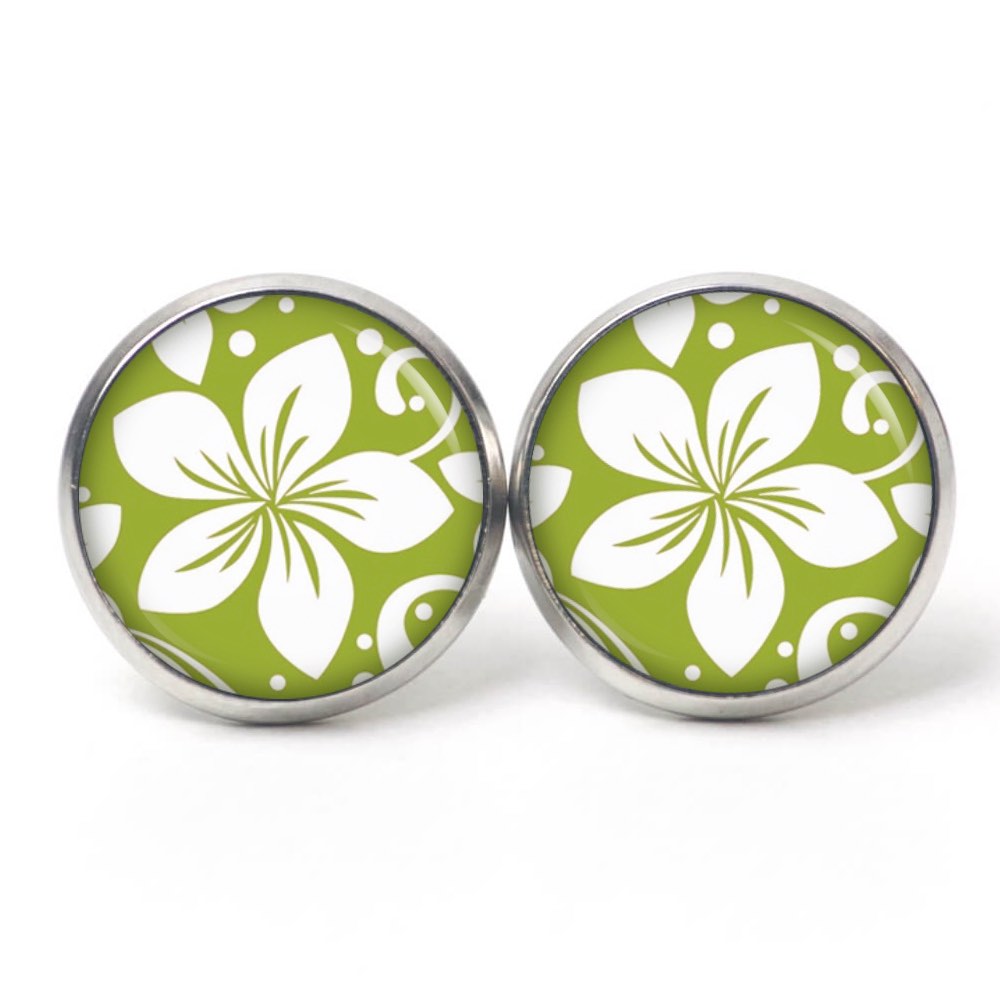 Ohrstecker, Ohrhänger, Clipse & Druckknopf – Motiv Große grün weiße Blume – Schmuck aus Edelstahl Ohrstecker, Ohrhänger, Clipse & Druckknopf – Motiv Große grün weiße Blume – Schmuck aus Edelstahl