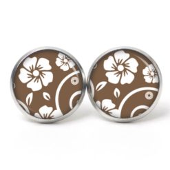 Ohrstecker, Ohrhänger, Clipse & Druckknopf – Motiv zarte Blumen dunkelbraun weiß – Schmuck aus Edelstahl