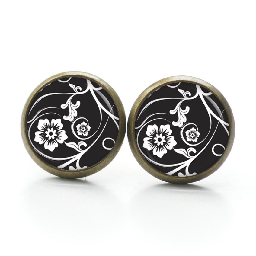 Ohrstecker, Ohrhänger, Clipse & Druckknopf – Motiv Florale Ranken Schwarz Weiß – Schmuck aus Edelstahl Ohrstecker, Ohrhänger, Clipse & Druckknopf – Motiv Florale Ranken Schwarz Weiß – Schmuck aus Edelstahl