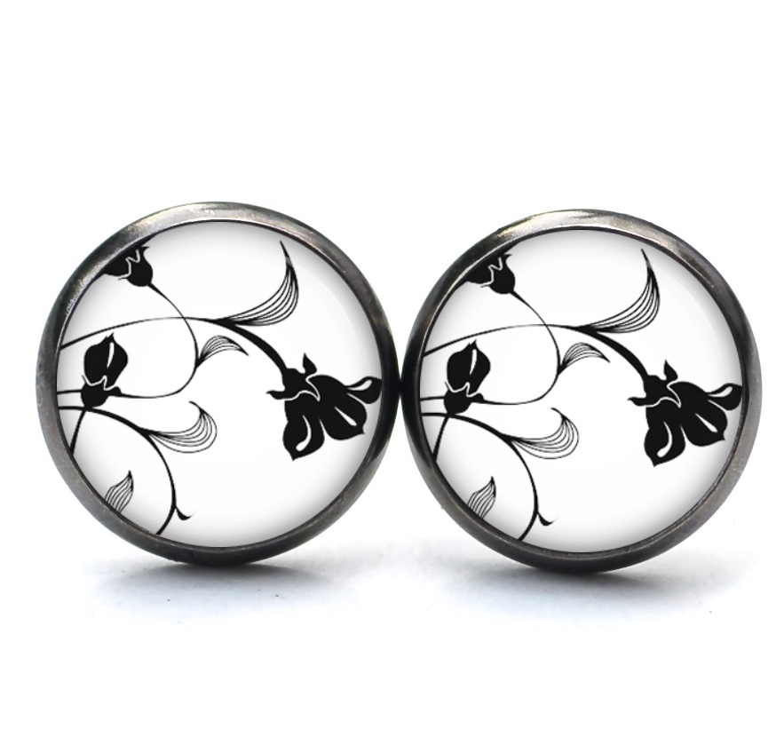 Druckknopf Ohrstecker Ohrhänger schwarz weiße Blumen Rosen Druckknopf Ohrstecker Ohrhänger schwarz weiße Blumen Rosen