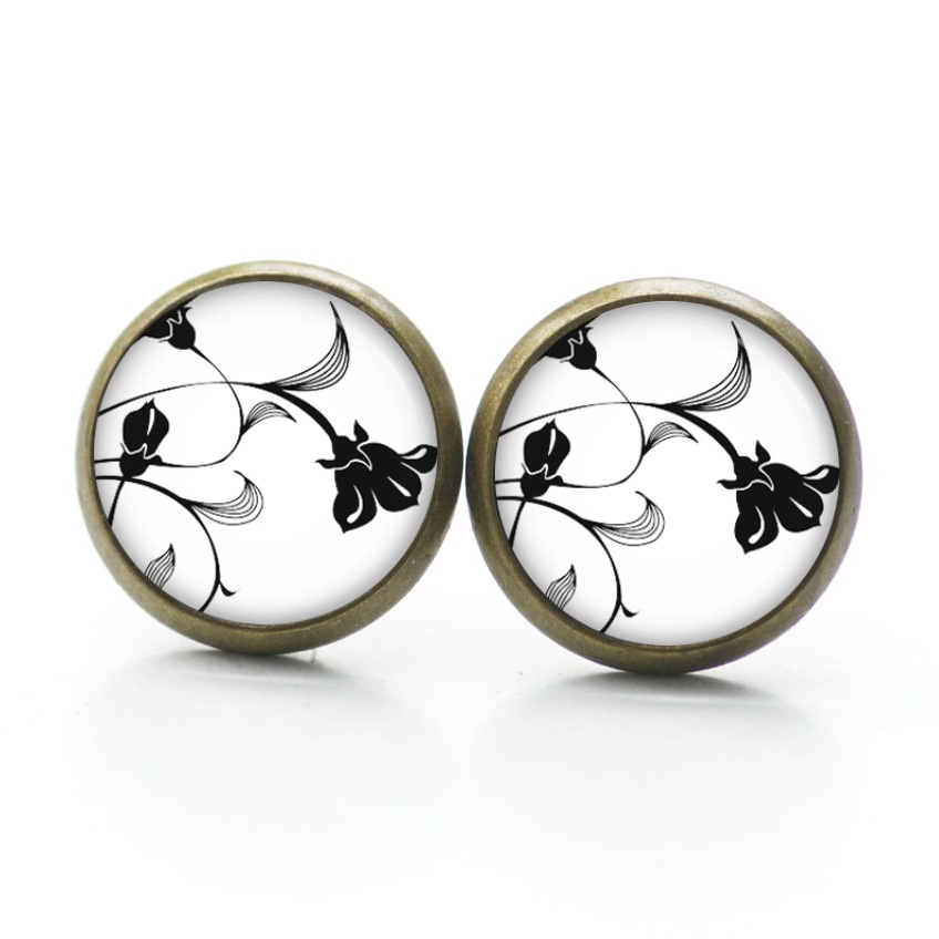 Druckknopf Ohrstecker Ohrhänger schwarz weiße Blumen Rosen Druckknopf Ohrstecker Ohrhänger schwarz weiße Blumen Rosen