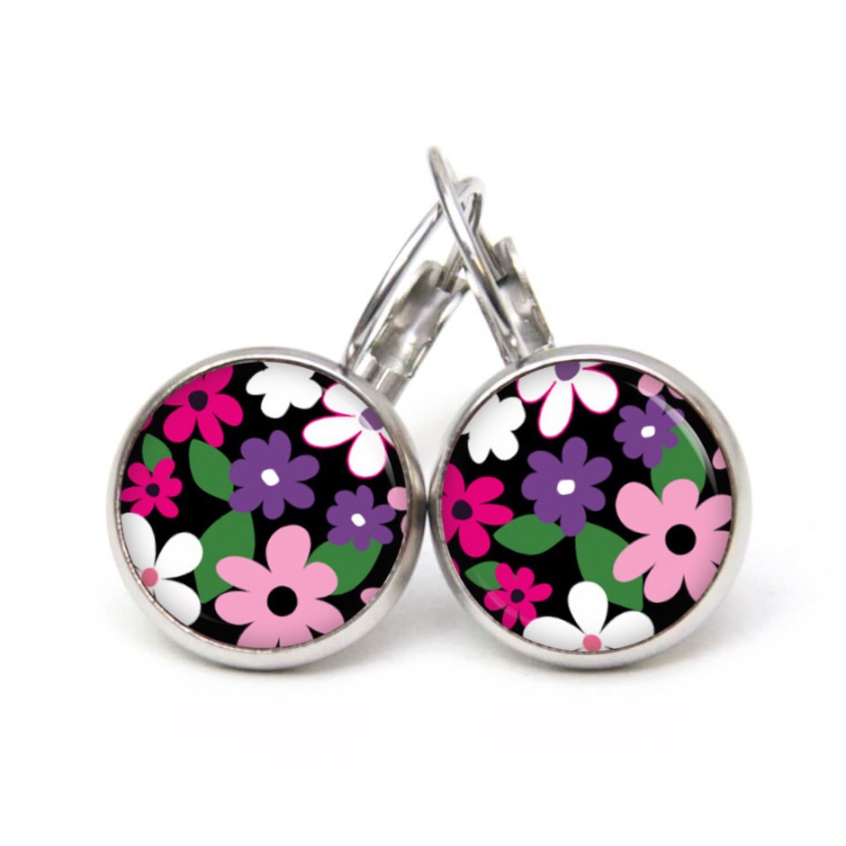 Druckknopf Ohrstecker Ohrhänger Frühlingshaftes Blumenmotiv rosa violett Druckknopf Ohrstecker Ohrhänger Frühlingshaftes Blumenmotiv rosa violett
