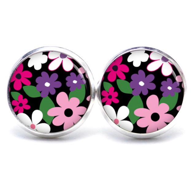 Druckknopf Ohrstecker Ohrhänger Frühlingshaftes Blumenmotiv rosa violett Druckknopf Ohrstecker Ohrhänger Frühlingshaftes Blumenmotiv rosa violett