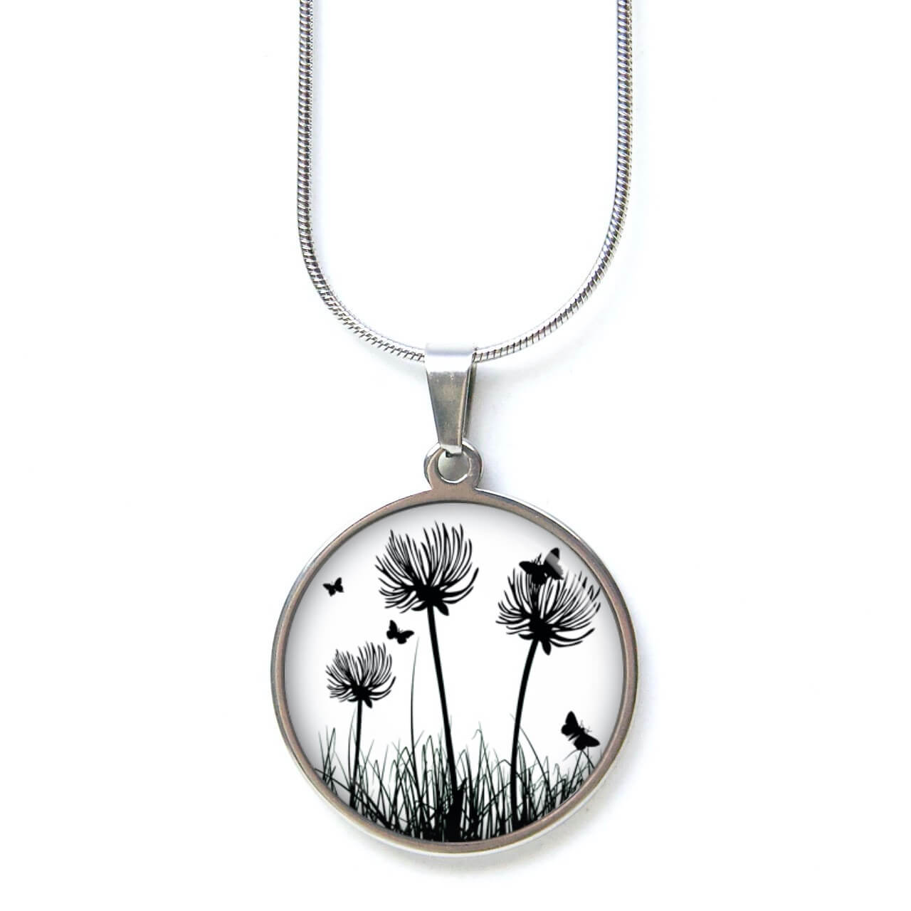 Edelstahl Kette weiß schwarze Pusteblumen Löwenzahn Wiese Edelstahl Kette weiß schwarze Pusteblumen Löwenzahn Wiese