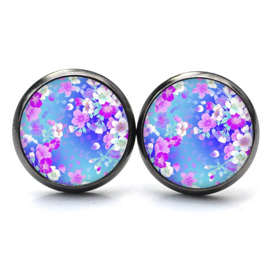 Druckknopf Ohrstecker Ohrhänger Clipse Blumenregen blau und rosa Druckknopf Ohrstecker Ohrhänger Clipse Blumenregen blau und rosa